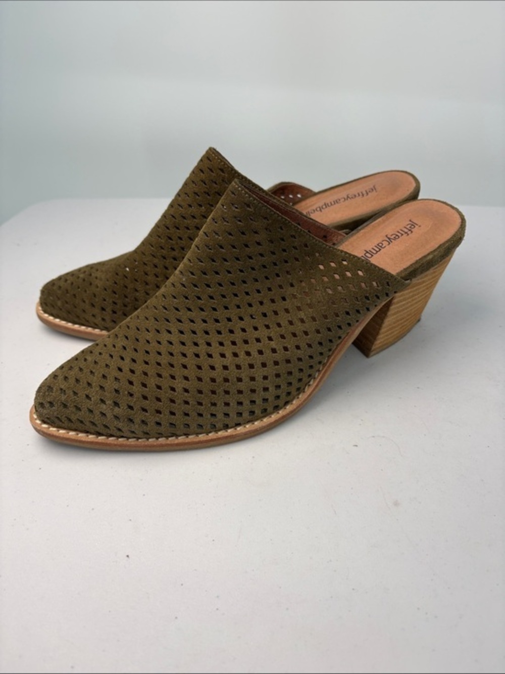 🐎 Jeffrey Campbell Suede Olive Green Perforated Mule Heels FAVELA
